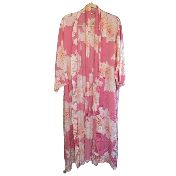 NATORI Nara Women’s Floral Belted Kimono Robe Pink White Peony Size M - Picture 7 of 15